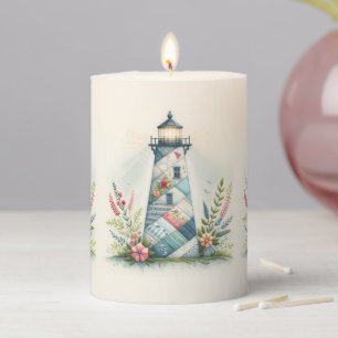 Patchwork Lighthouse Coastal Floral Scene Pillar Candle