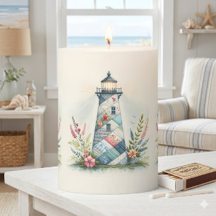 Patchwork Lighthouse Coastal Floral Scene Pillar Candle