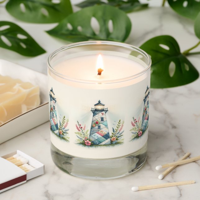 Patchwork Lighthouse Coastal Floral Scene Scented Candle (Lit)