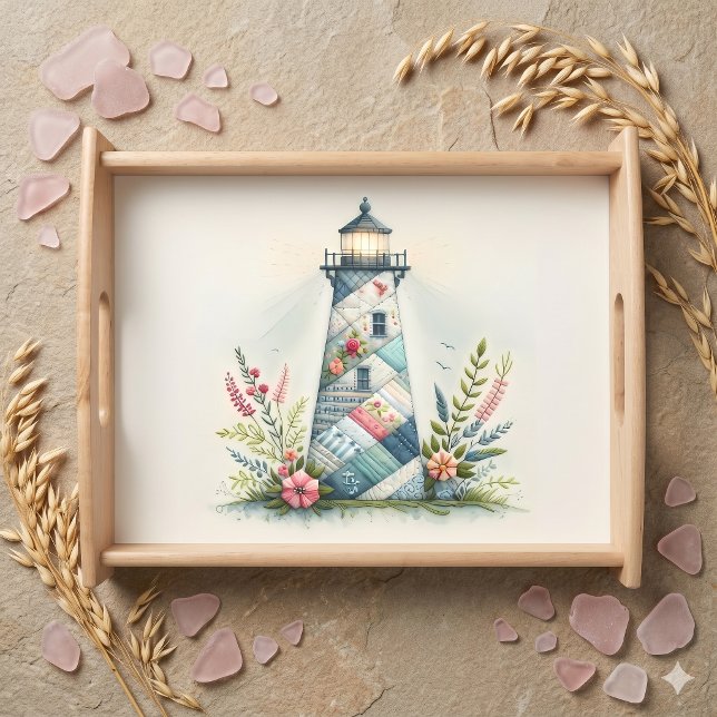 Patchwork Lighthouse Coastal Floral Scene Serving Tray (Patchwork Lighthouse Coastal Floral Scene Serving Tray)