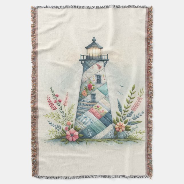 Patchwork Lighthouse Coastal Floral Scene Throw Blanket (Front Vertical)