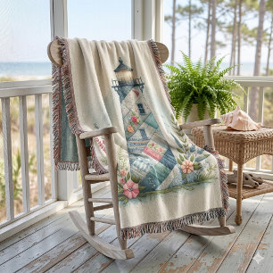 Patchwork Lighthouse Coastal Floral Scene Throw Blanket