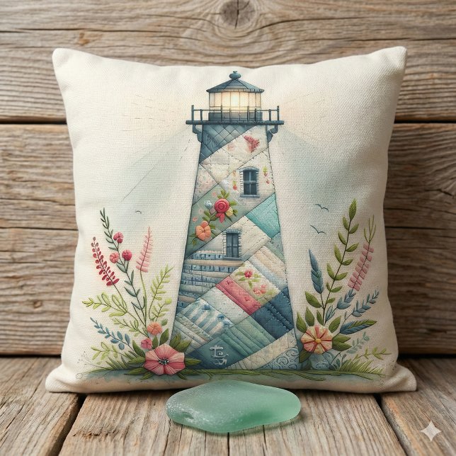 Patchwork Lighthouse Coastal Floral Scene Throw Pillow (Patchwork Lighthouse Coastal Floral Scene Throw Pillow Mockup B1)