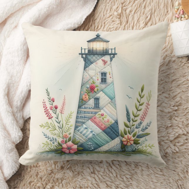 Patchwork Lighthouse Coastal Floral Scene Throw Pillow (Blanket)