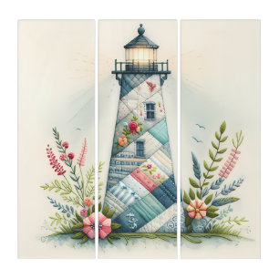 Patchwork Lighthouse Coastal Floral Scene Triptych