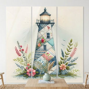 Patchwork Lighthouse Coastal Floral Scene Triptych