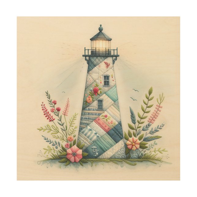 Patchwork Lighthouse Coastal Floral Scene Wood Wall Art (Front)