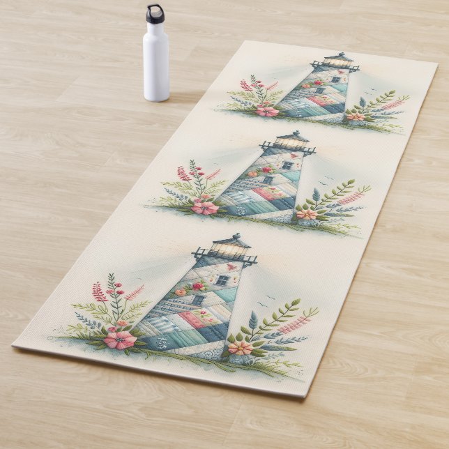 Patchwork Lighthouse Coastal Floral Scene Yoga Mat (In Situ)