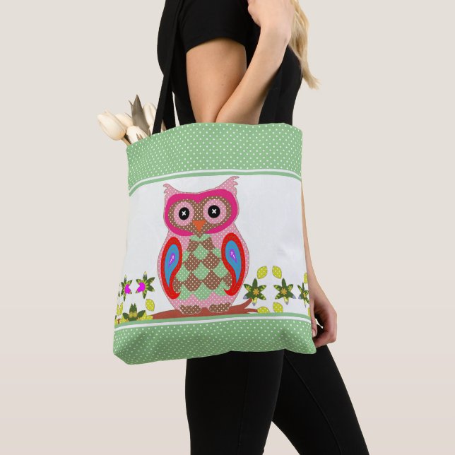 Patchwork Look Owl Polka Dot Tote Bag (Close Up)