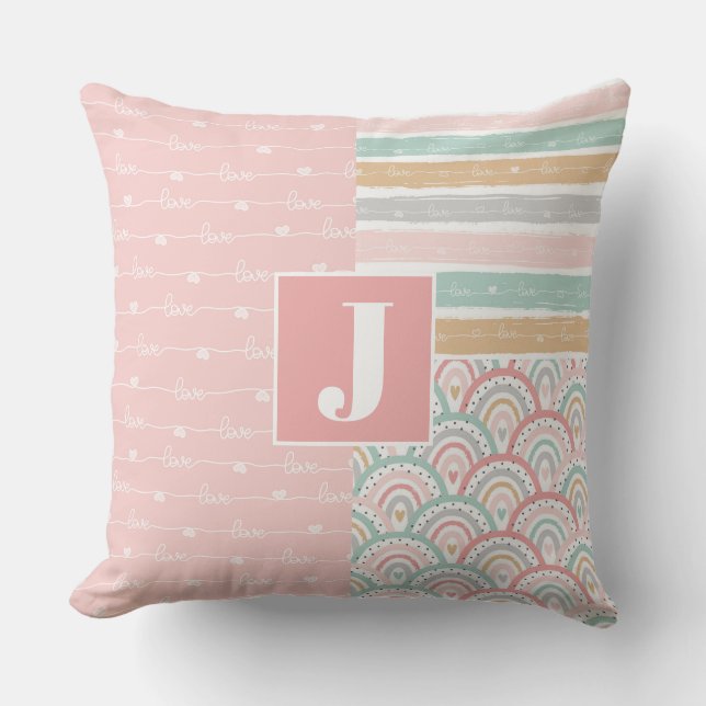 Patchwork Love Heart Rainbow Monogram Throw Pillow (Front)