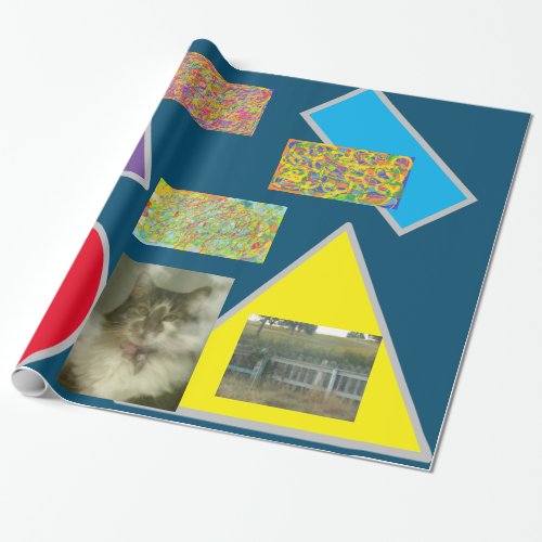 Patchwork luggage style with cat and trees wrapping paper