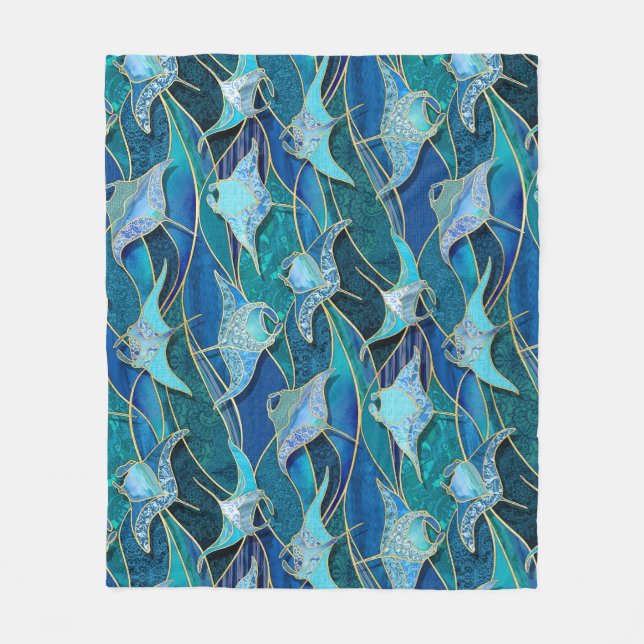 Patchwork Manta Rays in Sapphire Turquoise Blue Fleece Blanket (Front)