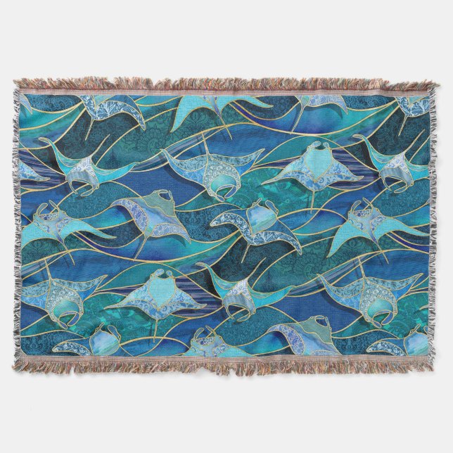 Patchwork Manta Rays in Sapphire Turquoise Blue Throw Blanket (Front)