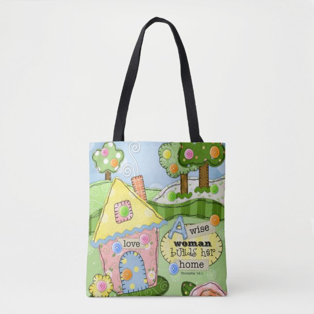 "Patchwork Meadow" Cottage Tote Bag w/ Scripture (Front)