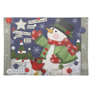 Patchwork Meadow Snowman & Star Placemat by JustBeeNMeBoutique at Zazzle