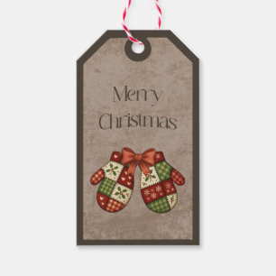 Patchwork Mittens in Christmas Colors Gift Tag