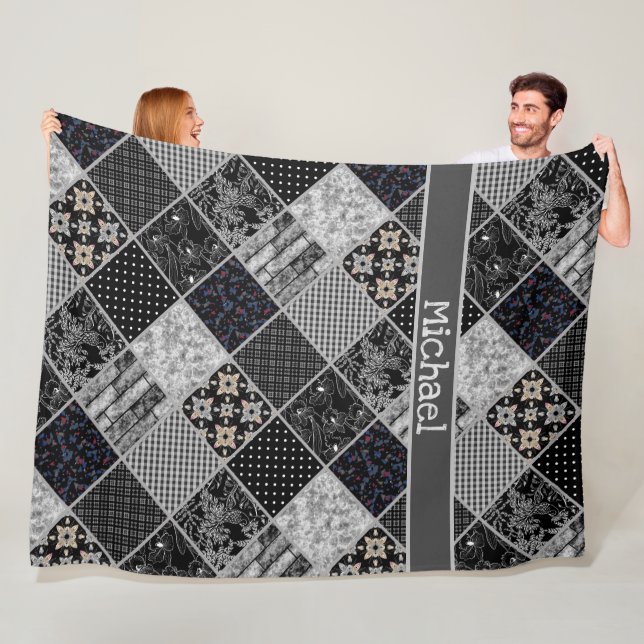 Patchwork monochrom black gray white patchwork qui fleece blanket (In Situ)
