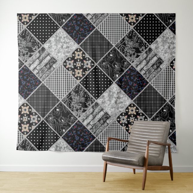 Patchwork monochrom black gray white patchwork qui tapestry (In Situ (Horizontal))
