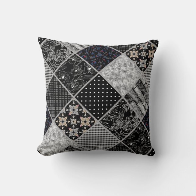 Patchwork monochrom black gray white patchwork qui throw pillow (Front)