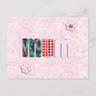 Patchwork 'MUM' on Pink Rose Background Postcard