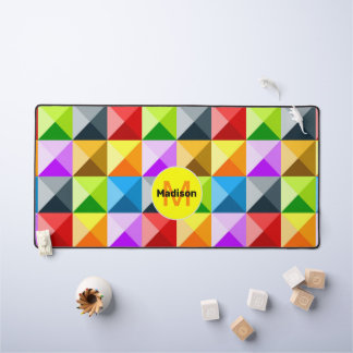 Patchwork neon Colorful geometric pattern Monogram Desk Mat