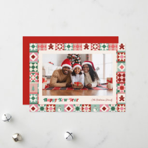 Patchwork New Year Pink Red Green Photo Holiday Card