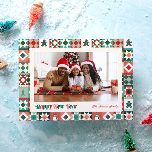 Patchwork New Year Red and Green Photo Holiday Card