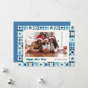 Patchwork New Year Shades of Blue Photo Holiday Card