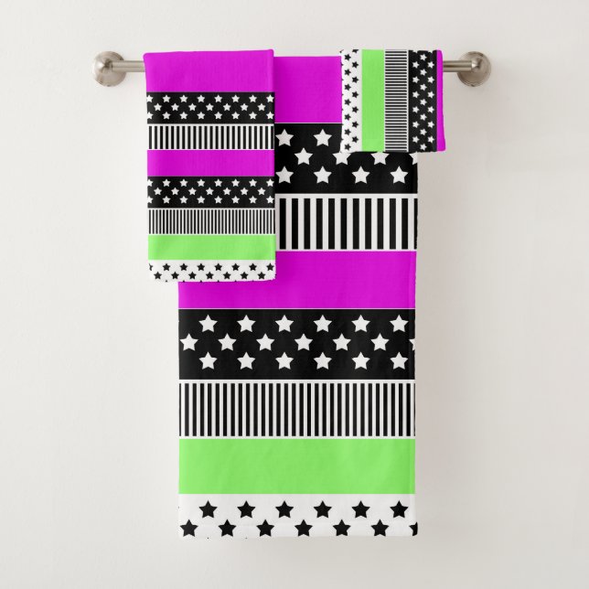 Patchwork of black and white and neon stripes  bath towel set (Insitu)