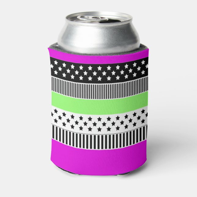 Patchwork of black and white and neon stripes  can cooler (Can Back)