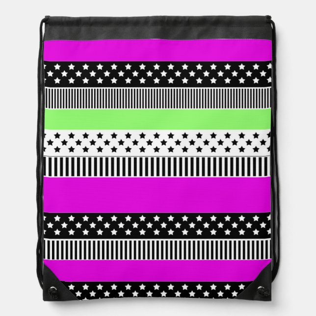 Patchwork of black and white and neon stripes  drawstring bag (Front)