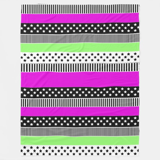 Patchwork of black and white and neon stripes  fleece blanket (Front)