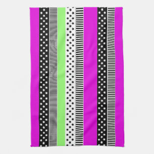 Patchwork of black and white and neon stripes kitchen towel