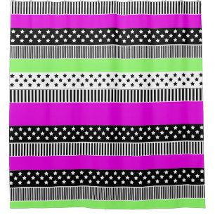 Patchwork of black and white and neon stripes shower curtain