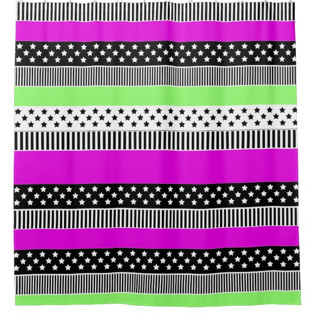 Patchwork of black and white and neon stripes  shower curtain (Front)