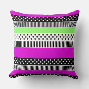 Patchwork of black and white and neon stripes throw pillow