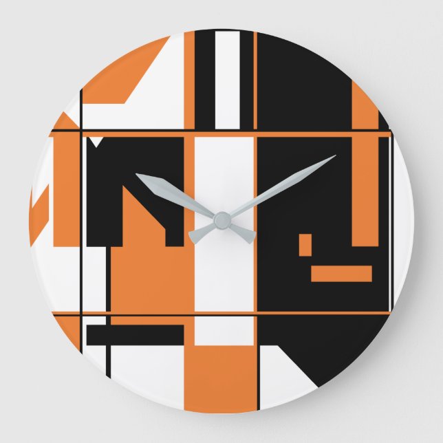 Patchwork Orange Black White Geometric Abstract Large Clock (Front)