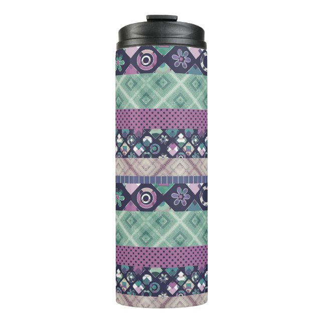 Patchwork ornamental lines peaces textile boho vin thermal tumbler (Front)
