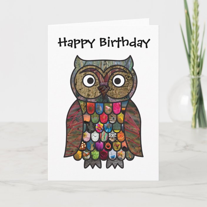 Patchwork Owl Birthday Card | Zazzle.com
