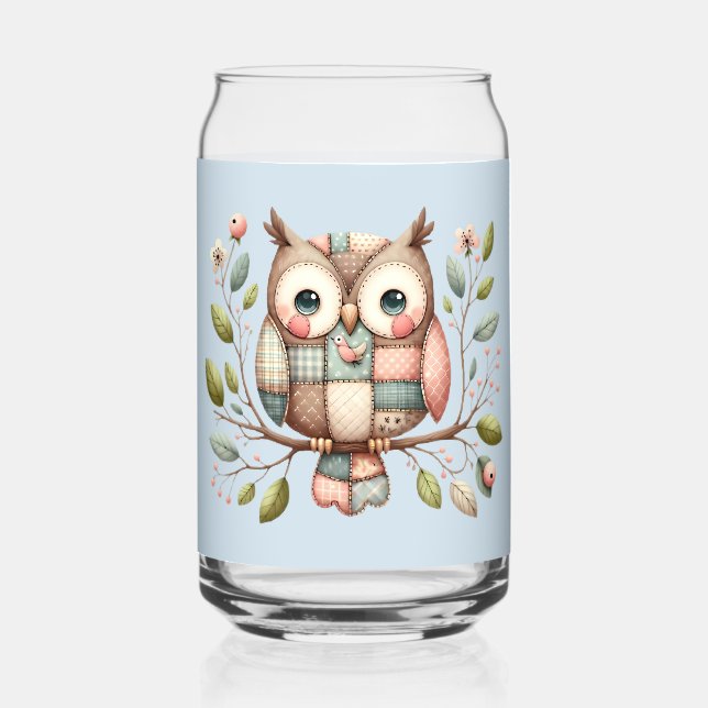 Patchwork Owl in Whimsical Woodland Can Glass (Front)