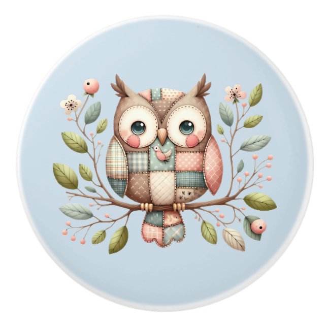 Patchwork Owl in Whimsical Woodland Ceramic Knob (Front)