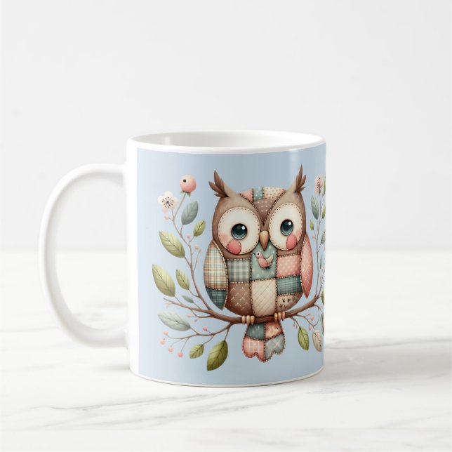 Patchwork Owl in Whimsical Woodland Coffee Mug (Left)