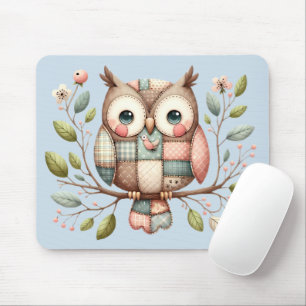 Patchwork Owl in Whimsical Woodland Mouse Pad