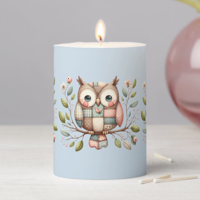 Patchwork Owl in Whimsical Woodland Pillar Candle (In Situ)
