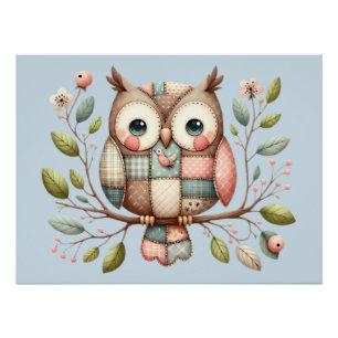 Patchwork Owl in Whimsical Woodland Poster