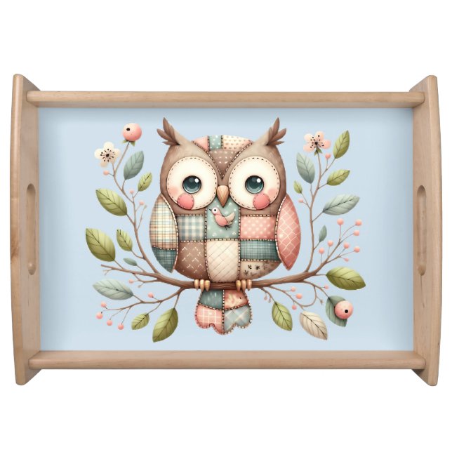 Patchwork Owl in Whimsical Woodland Serving Tray (Front)