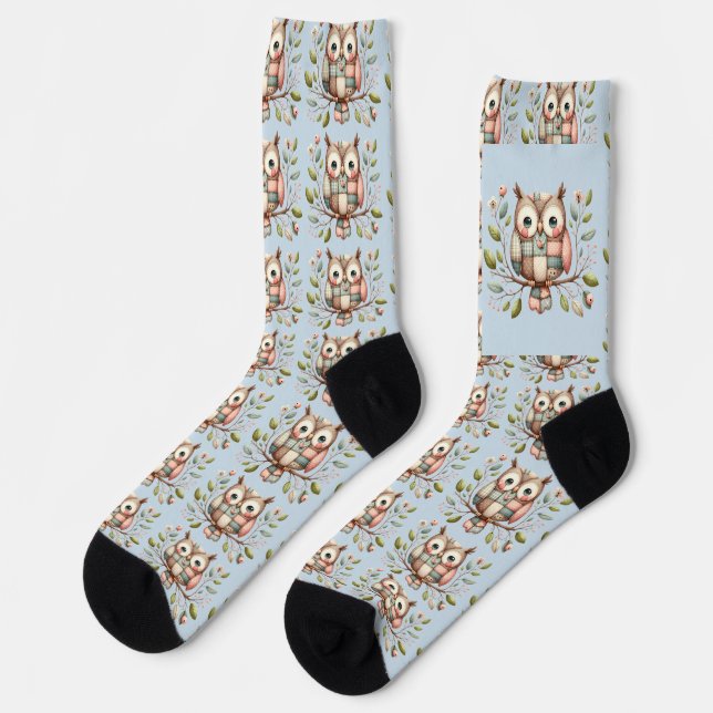 Patchwork Owl in Whimsical Woodland Socks (Left)