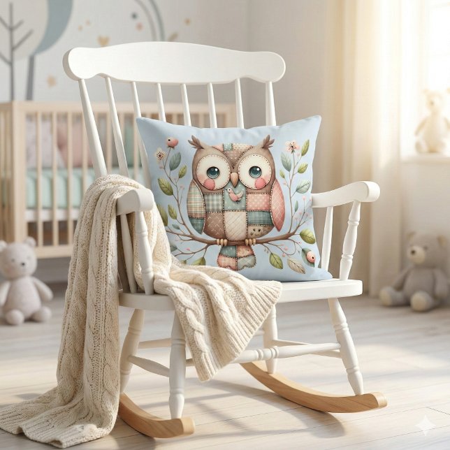 Patchwork Owl in Whimsical Woodland Throw Pillow (Patchwork Owl in Whimsical Woodland Throw Pillow Mockup A)