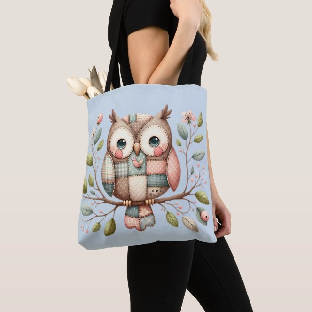 Patchwork Owl in Whimsical Woodland Tote Bag (Close Up)