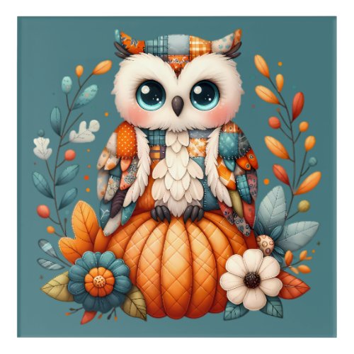 Patchwork Owl on Pumpkin — Cottagecore Fall Acrylic Print